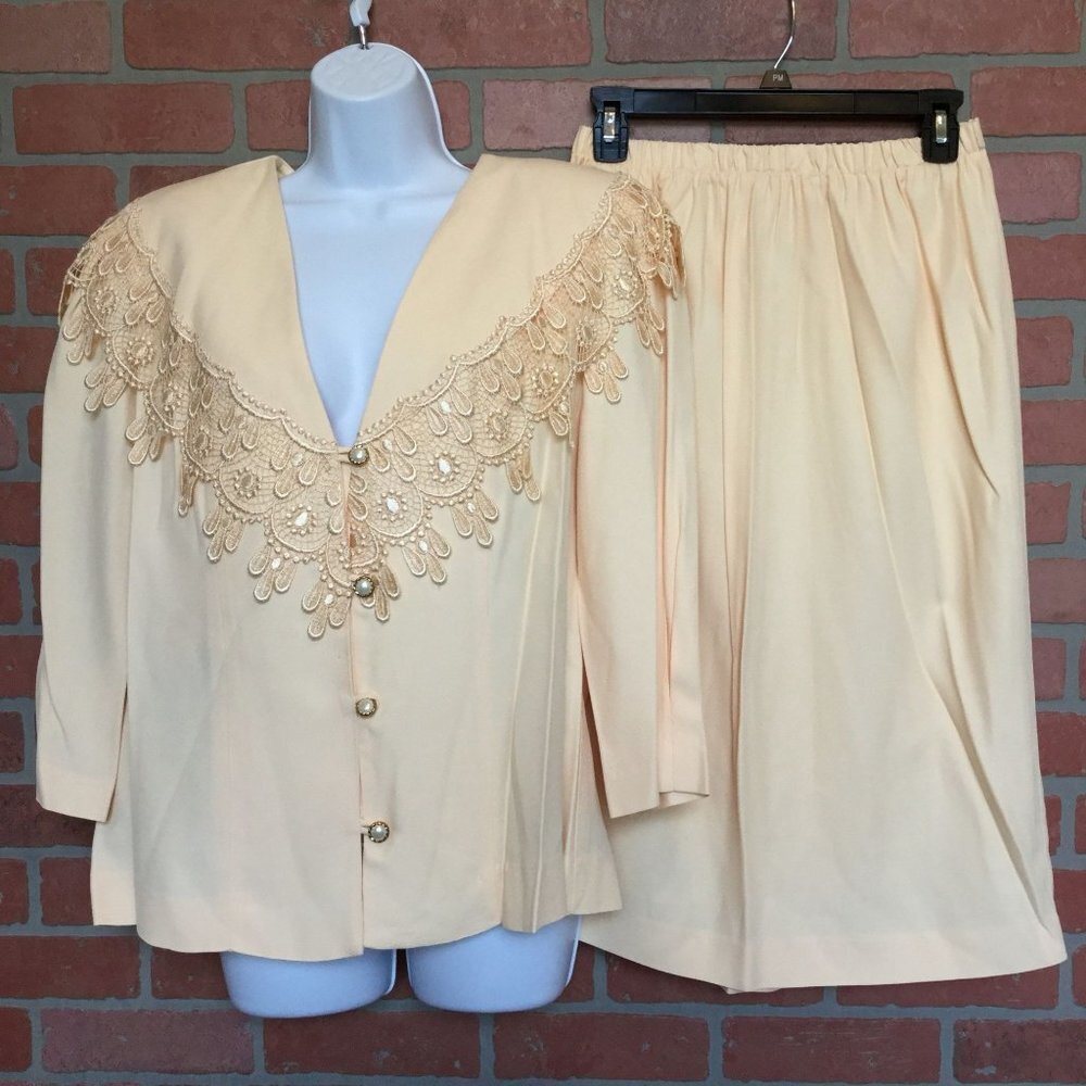 Vintage 2 piece skirt dress suit S L Fashions Womens Size 16 lace appliqué